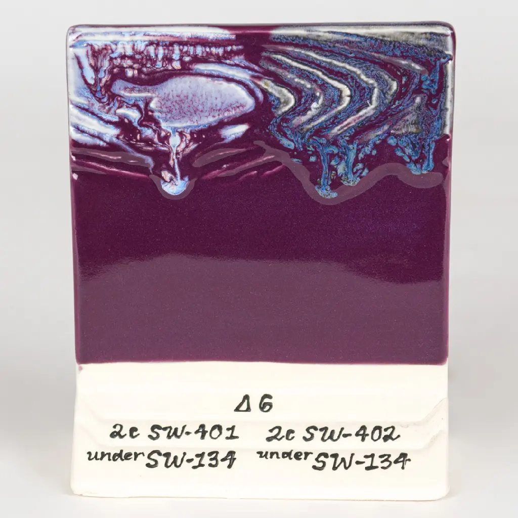 Eggplant Over SW-401 Light Flux (left) and SW-402 Dark Flux (right), Cone 6
