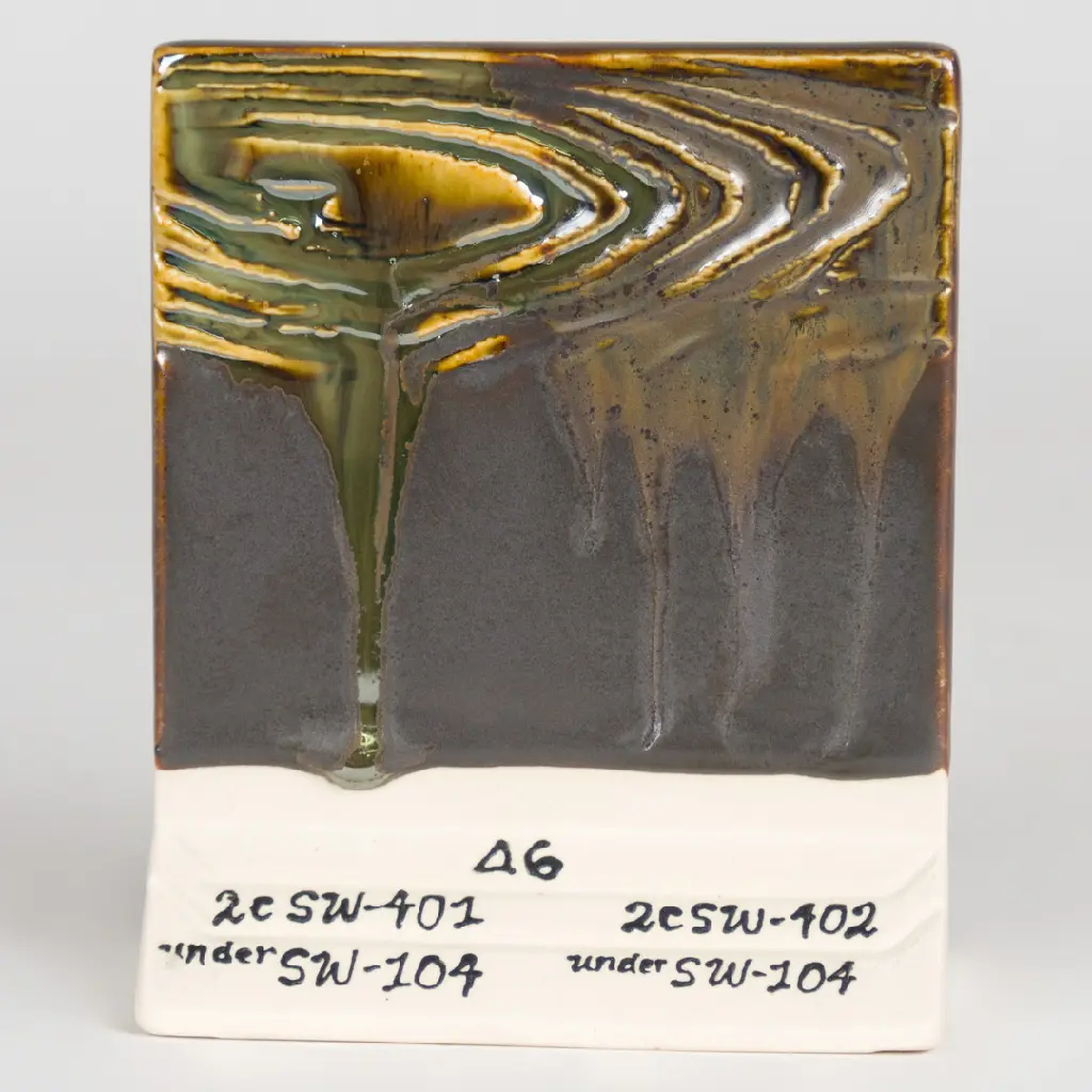 Black Walnut Over SW-401 Light Flux (left) and SW-402 Dark Flux (right), Cone 6