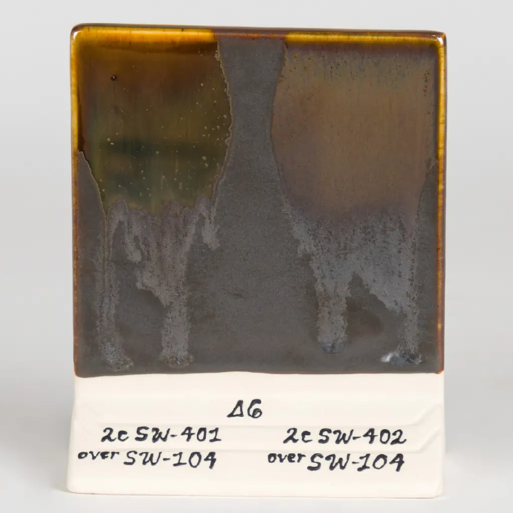 Black Walnut Under SW-401 Light Flux (left) and SW-402 Dark Flux (right), Cone 6