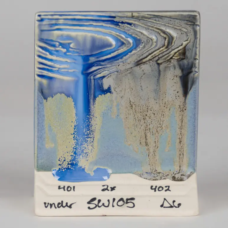 Frost Blue Over SW-401 Light Flux (left) and SW-402 Dark Flux (right), Cone 6 oxidation