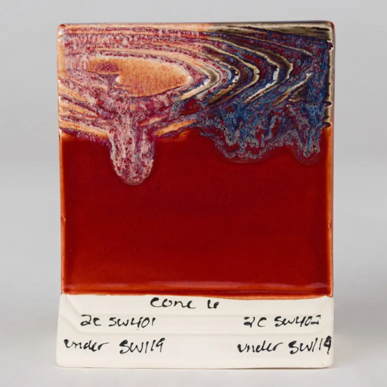 Cinnabar Over SW-401 Light Flux (left) and SW-402 Dark Flux (right), Cone 6